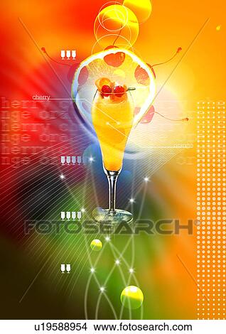 Stock Illustration - Fruit cocktail superimposed on a glowing background. Fotosearch