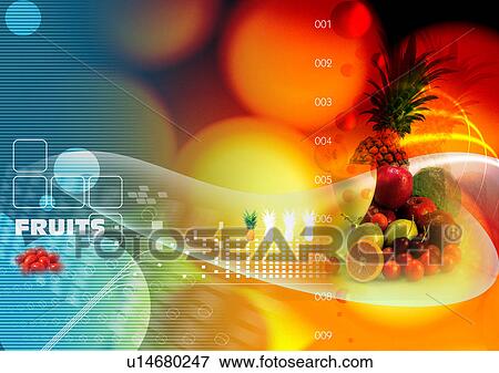 Platter of fruit superimposed on a glowing background View Large Illustration Stock Illustration - Platter of fruit superimposed on a glowing background. Fotosearch
