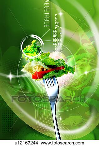 Salad on a fork superimposed on a green background View Large Illustration Stock Illustration - Salad on a fork superimposed on a green background. Fotosearch