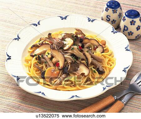 Stock Photography - Mushroom Spaghetti, High Angle View. Fotosearch
