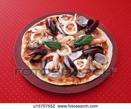 Stock Image - Seafood Pizza, High Angle View. Fotosearch