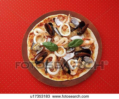 Stock Image - Seafood Pizza, High Angle View. Fotosearch