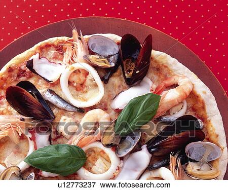 Stock Photo - Seafood Pizza, High Angle View. Fotosearch