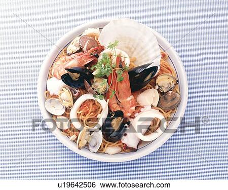 Stock Photograph - Seafood Spaghetti, High Angle View. Fotosearch
