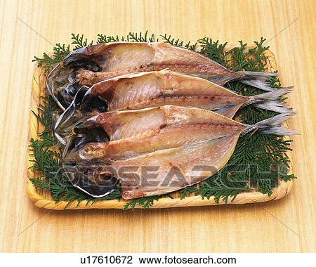 Stock Image - Horse Mackerel cut open and dried, high angle view. Fotosearch