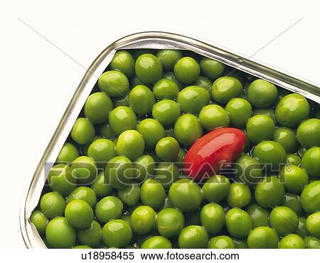 Stock Photography - Green peas with red bean in aluminium can, high angle view. Fotosearch