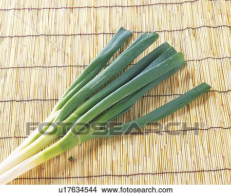 Welsh onions on bamboo mat, high angle view View Large Photo Image Picture - Welsh onions on bamboo mat, high angle view. Fotosearch