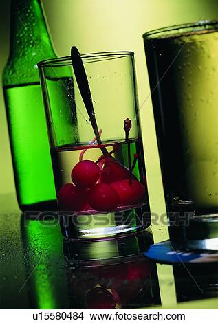 Picture - Liquor, Reflection, Beverage, Half Full, Beverages, Green, Three Objects. Fotosearch