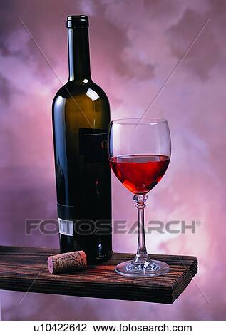 Stock Image - Open, Cork, Glass, Beverage, Wine Bottle, Three Objects. Fotosearch