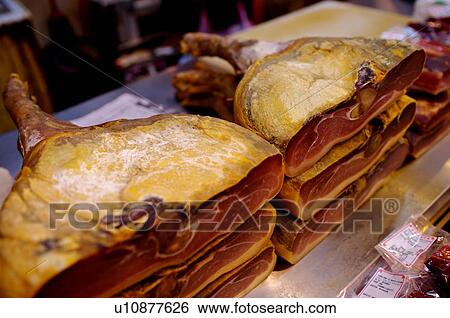 Cured pork in stacks, on display in a market stall View Large Photo Image Stock Photograph - Cured pork in stacks, on display in a market stall. Fotosearch