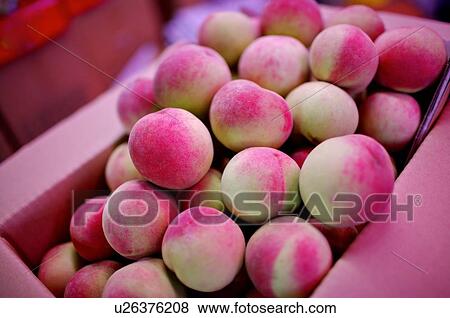 Fresh pale pink peaches in a box, on display View Large Photo Image Stock Photo - Fresh pale pink peaches in a box, on display. Fotosearch