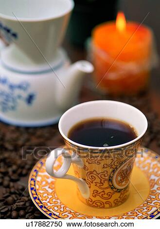 Stock Image - Beverage, Black Coffee, Candle, Close-Up, Coffee Cup, Coffee Pot. Fotosearch