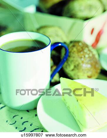 Beverage, Bun, Cheesecake, Close-Up View Large Photo Image Stock Photo - Beverage, Bun, Cheesecake, Close-Up. Fotosearch