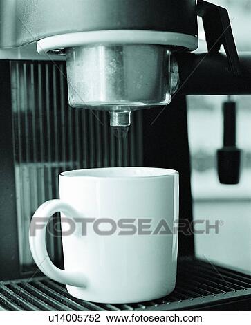 Stock Image - Beverage, B&W, B/W, Black And White, Close-Up, Coffee Cup, Coffee Machine. Fotosearch