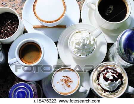 Stock Image - Cappuccino, Assortment, Bowl, Black Coffee, Beverage, Coffee Beans, Arrangement. Fotosearch