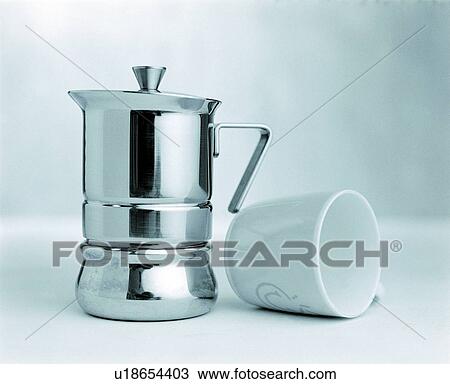 Stock Image - Ceramics, Stainless Steel, Jug, Coffee Press, Indoor, Fallen, Cup. Fotosearch