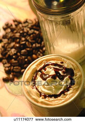 Coffee Cup, Beverage, Coffee Beans, Close-Up, Chocolate Sauce, Aromatic View Large Photo Image Stock Photo - Coffee Cup, Beverage, Coffee Beans, Close-Up, Chocolate Sauce, Aromatic. Fotosearch