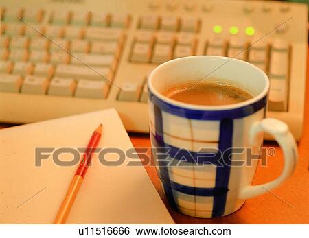 Stock Photograph - Keyboard, Coffee, Computer Equipment, Refreshment, Four Objects. Fotosearch