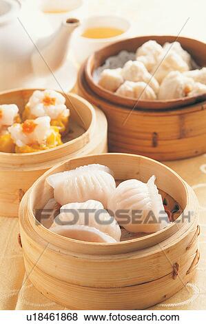 Stock Photo - Bamboo, Bowl, Brown, Chinese Dumpling, Close-Up. Fotosearch
