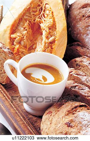 Stock Image - pumpkin, food stuff, bread, chinaware, ingredients, indoor. Fotosearch
