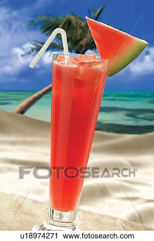 Stock Image - Drinking Straw, Fruit, Slice, Blue, Fruits, Watermelon Juice. Fotosearch
