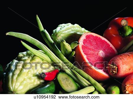 Stock Image - carrot, cucumber, bean, balsam pear, grapefruit, food. Fotosearch