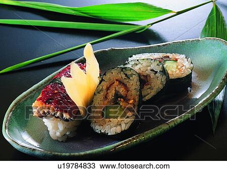 Stock Image - eel, rice, leaf, food, cucumbers, plate. Fotosearch