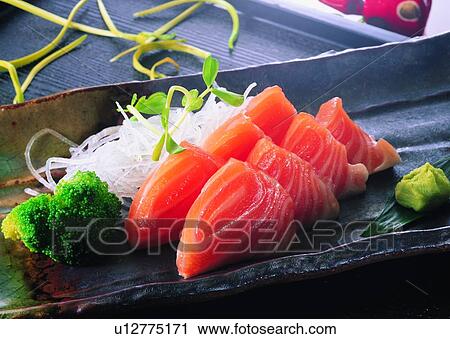 Stock Image - food, fish, sashimi, wasabi, cauliflower, plate. Fotosearch