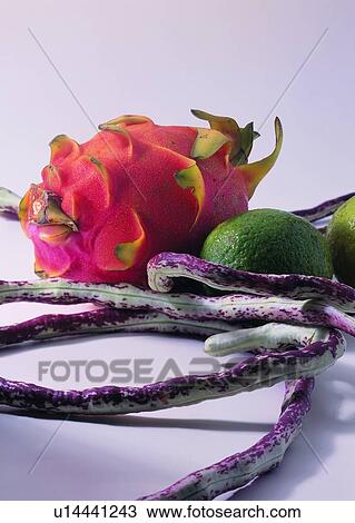 Stock Image - food, fruit, dragon fruit, lemon, bean. Fotosearch