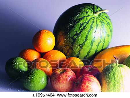 Picture - food, fruit, water melon, lemon, orange, apple. Fotosearch