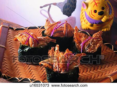 Stock Image - food, sesame, lotus root, toy, sushi, tray. Fotosearch