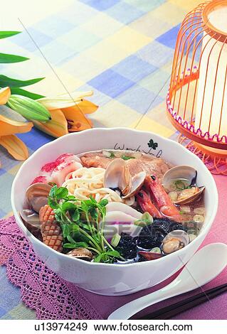 Stock Photo - food, soup noodles, seafood, green onion, shrimp, clam. Fotosearch