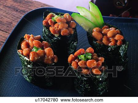 Stock Image - food, sushi, bean, cucumbers, plate. Fotosearch