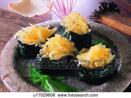 Stock Photo - food, sushi, fish, leaf, plate. Fotosearch