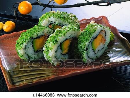 Stock Image - food, sushi, plate, wasabi, lemon, tray. Fotosearch