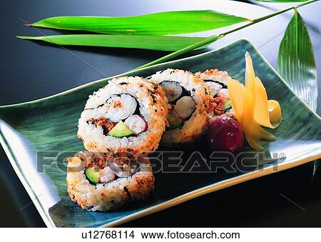 Picture - food, sushi, saseme, pickled plum, pickled cucumbers, plate. Fotosearch