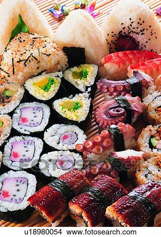 Picture - hello kitty, octopus, shrimp, sesame, pickled cucumbers, sushi. Fotosearch