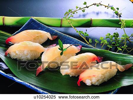 Stock Photography - leaf, plate, food, rice, sushi, fish. Fotosearch