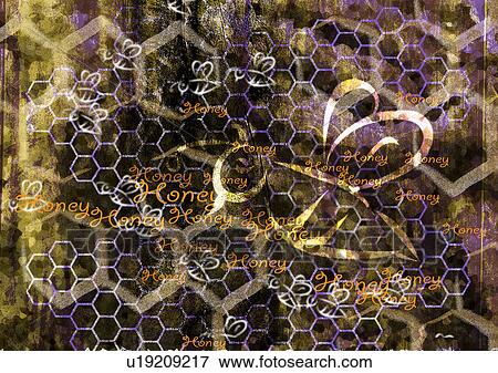 Stock Photo - Close-up of a honeycomb superimposed on a brown background. Fotosearch