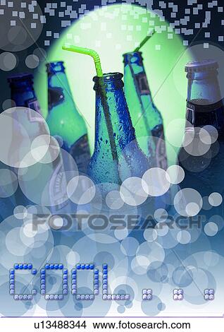 Picture - Close-up of bottles superimposed on a background of bubbles. Fotosearch