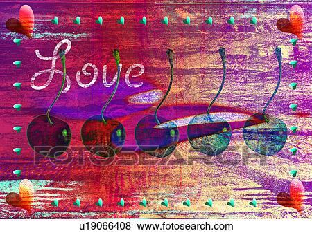 Stock Photo - Close-up of cherries superimposed on a red background. Fotosearch