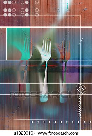 Stock Photo - Close-up of forks superimposed on a linear pattern. Fotosearch