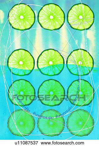 Stock Photo - Close-up of lemon slices superimposed on a blue background. Fotosearch