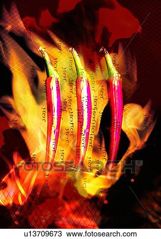 Close-up of red chilis superimposed on a background of fire View Large Photo Image Stock Image - Close-up of red chilis superimposed on a background of fire. Fotosearch