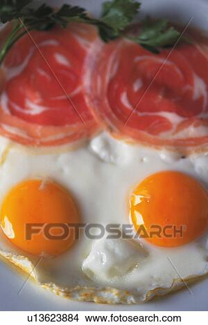 Picture - Close Up Image of Ham and Eggs, High Angle View, Differential Focus. Fotosearch