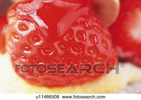 Strawberry on the Cake, Close Up View Large Photo Image Stock Photo - Strawberry on the Cake, Close Up. Fotosearch