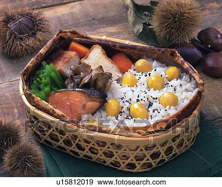 Stock Photo - Lunch Box, Chestnut Rice, High Angle View. Fotosearch