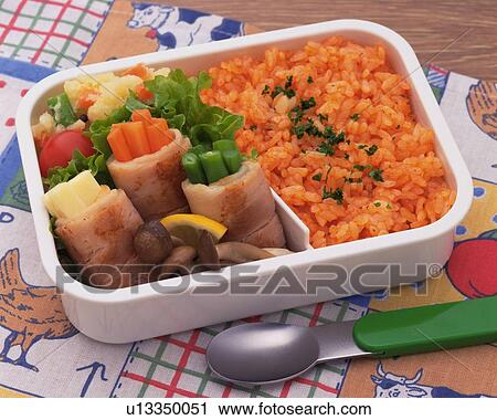 Stock Image - Lunch Box, Chicken Fried Rice, High Angle View. Fotosearch