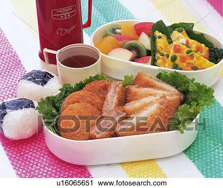Stock Image - Lunch Box, Deep-Fried Food, High Angle View. Fotosearch