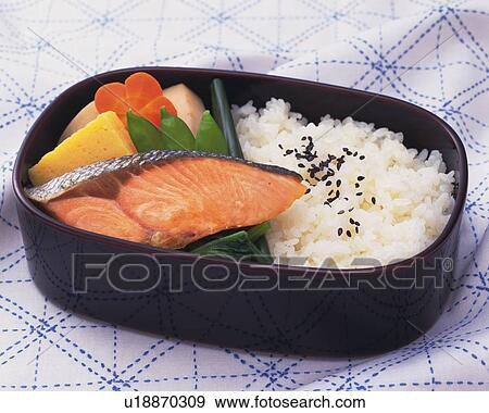 Stock Photo - Lunch Box, Grilled Salmon, High Angle View. Fotosearch